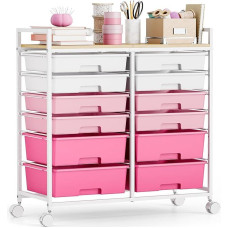 12 stalčių vežimėlio vežimėlis Plastikinis universalus amatų vežimėlis įrankių ir laikymo vežimėlis su medinį stalviršį primenančiu stalviršiu vonios kambariui, virtuvei, svetainei, biurui, rožinis