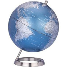 TROIKA Gaublys 23,5 laipsnių Matinis gaublys Giliai mėlynos jūros ir sidabrinės spalvos sausumos plotai Skersmuo 25 Realaus žemėlapio reljefas Chromuotas metalinis šukuotos išvaizdos pagrindas, minkštas veltinio pagrindas