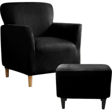 SYLC Stretch Velvet Armchair Sofa Covers with Ottoman Throws Rectangle/Square, Banquet Tub Chair Throws Footstool Cover (Black, Chair + Ottoman Rectangle)