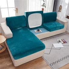 LINFKY Stretch Velvet Non-Slip Sofa Couch Cushion Cover - nuimami sofos sėdynių užvalkalai su elastiniu pagrindu, skalbiami elastiniai baldų užvalkalai Protector (Peacock Blue, X-Large 4 Seater)