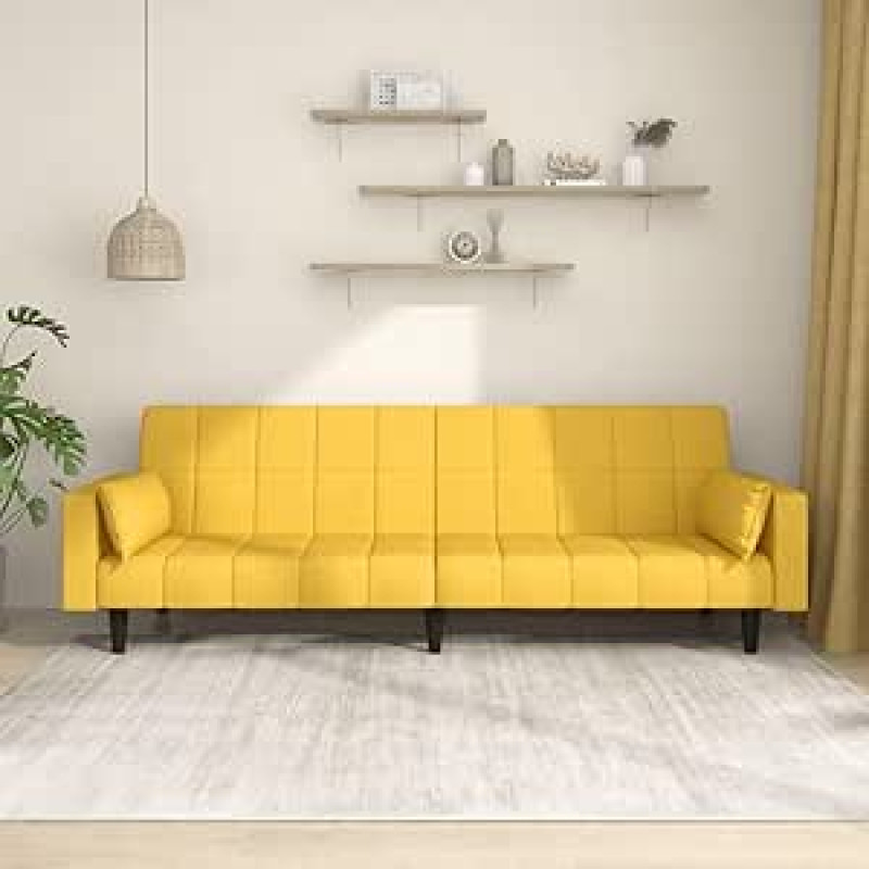 2 vietų sofa lova Geltonas audinys 220 cm pločio su 2 pagalvėlėmis Šiuolaikinė sofa lova svetainei Svečių kambarys Mažas butas