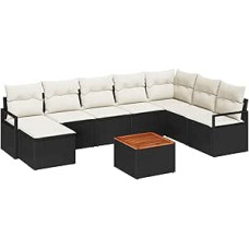 9-teiliges Garten-Sofa-Set mit Kissen Schwarz Poly-Rattan Akazie, 2-Sitzer Garten-Sofa mit Kissen Schwarz Poly-Rattan Gartenlounge Model3347740