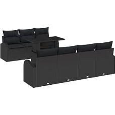 8-teiliges Garten Sofa Set mit Kissen Schwarz Poly Rattan, 2-Sitzer Garten Sofa mit Stauraum & Kissen Schwarz Poly Rattan Gartenlounge Modelis3357326