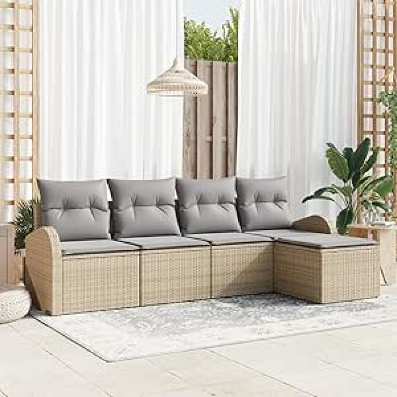 5-teiliges Garten Sofa Set mit Kissen Beige Poly Rattan, 2-Sitzer Garten Sofa mit Stauraum & Kissen Beige Poly Rattan Gartenlounge Modelis3354669