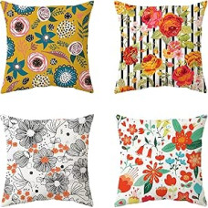 Pagalvėlės užvalkalas 70 x 70 cm Gėlių pagalvėlių užvalkalai, 4 vnt., Lininiai dvipusiai pagalvėlių užvalkalai su nematomu užtrauktuku, dekoratyvinis pagalvėlės užvalkalas, mesti pagalvėlės užvalkalą, kvadratinis sofos pagalvėlės užvalkalas namų dekorui