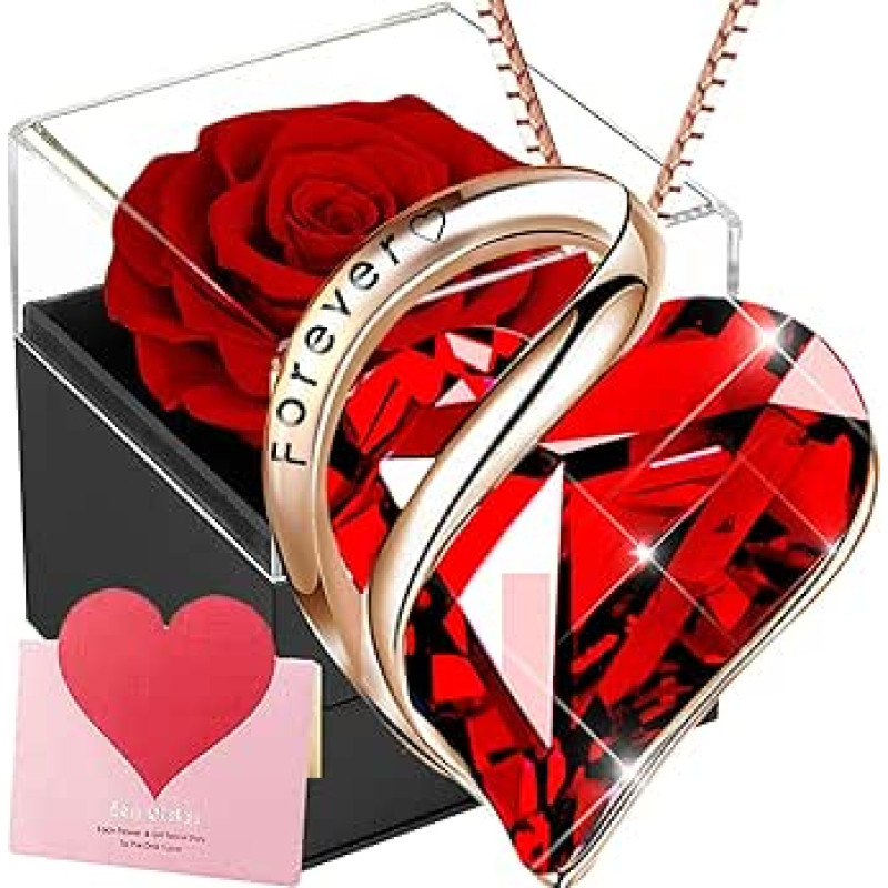 Amžinoji rožių dėžutė, begalybė rožių su moterų grandine, konservuota raudona rožė, tikra rožių dovana, 925 prabos sidabro moterų krištolo širdies vėrinys, moterų pakabukas dovana Valentino dienai, Kalėdoms,