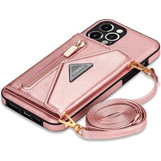 Mobile Phone Case for iPhone 12 Pro Max Case with Strap, Leather Mobile Phone Case Flip Case Zip Shockproof Protective Magnetic Aesthetic Girl Cover with Chain Shoulder (Pink)