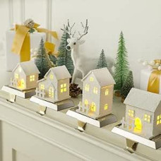 Christmas Village Stocking Holders for Mantle LED Christmas Village House Stocking Hooks Fireplace Stand Hanger for Christmas Holiday Counter Window Decoration Pack of 4