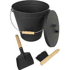 Relaxdays Ash Bucket with Lid, 20 Litres, Including Ash Brush and Fireplace Shovel, Ash Container with Handle, Black/Natural