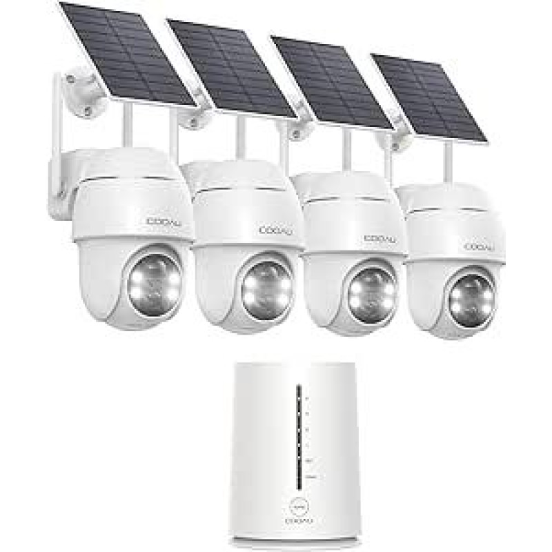 COOAU 4MP lauko stebėjimo kamerų rinkinys - 365 dienų su saulės kolektoriumi - 2,5K belaidžio stebėjimo kamera su 64G vietine atmintimi | 360 laipsnių panorama | 4 LED spalvotas naktinis matymas (keturių kamerų rinkinys)
