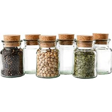 Mambocat Set of 6 Spice Jars, Capacity 150 ml, Reusable Glass Jar, Cork Stopper, High Quality Round Glass, Storage of Tea Herbs Spices