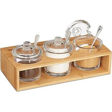 Relaxdays Spice Jars Set of 3 with Bamboo Holder, Glass Sugar Bowl with Spoon and Lid, Salt Container, Natural/Transparent, 11 x 27 x 13 cm
