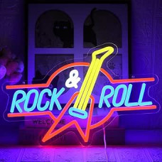 Rock Roll Neon Sign Guitar Neon Neon Light Advertising Music Neon Lights USB Powered Rock Music Dimmable Neon Sign for Bedroom Concert Hall Bar Club Music Party Wedding Decoration