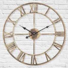 Silent Metal Skeleton Wall Clock, Lenauq 40cm European Farmhouse Vintage Clock with Roman Numerals Non Ticking Battery Operated Hanging Wall Clock for Home Kitchen Office Decoration (Gold)