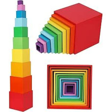 Toys of Wood Oxford Wooden Stacking Box Rainbow Colour Nesting and Sorting Cups Blocks for Toddlers Stacking Cube Educational Learning Toy for 2 Year Old Montessori Materials