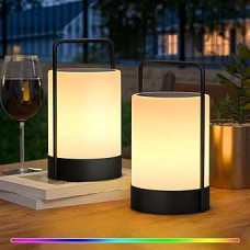 MALUX 2 lauko saulės stalo žibintų pakuotė, IP44 vandeniui atsparus saulės žibintas su nuotolinio valdymo pulteliu, 8 spalvos RGB + šilta balta, belaidis nešiojamas akumuliatorinis žibintas sodui, balkonui, terasai, stovyklavietei