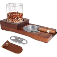 X-BLTU Wooden Cigar Ashtray / Ashtray with Whiskey Glass Tray and Cigar Holder + 1 Stainless Steel Cigar Cutter with Holster, Cigar Cutter Cigar Cutter, Double Blade Scissors