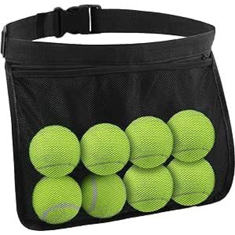 Teniso kamuoliukų laikiklis Reguliuojamas krepšys ant juosmens, skirtas tenisui, piklbolui ir golfui, lengvas tinklinis krepšys, kuriame telpa 8-10 kamuoliukų, juodas, patogus ir saugus sporto treniruotėms ir varžyboms.