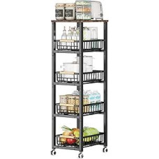 5 pakopų šoninis krepšelis su ratukais, virtuvės ar vonios kambario krepšelis su išimamais krepšeliais, juoda metalinė lentyna, 40 x 30 x 107,5 cm, daugiafunkcis organizatorius