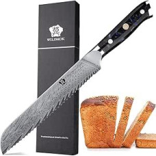 WILDMOK Damascus Steel Bread Knife 20 cm Serrated Edge Knife Sharp. Beautiful Damascus Steel Feather Pattern