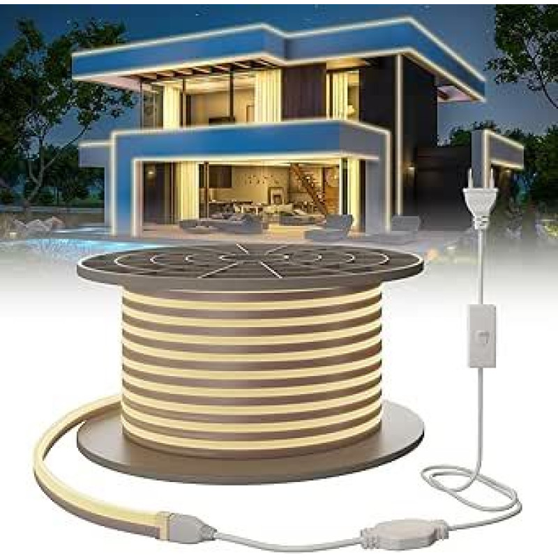 Neoninė LED juosta 30 m, vandeniui atspari IP65 LED juosta Natūralus baltas 4000 K 230 V šviesos diodų pasakų žibintai lauke 120 LED/M Lanksti 
