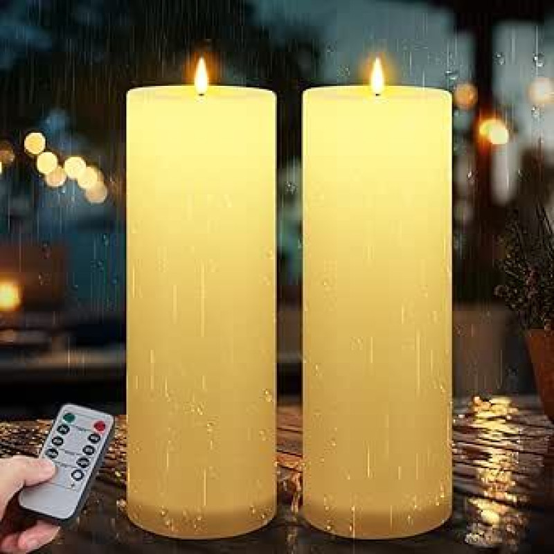 2 vnt. 10 cm x 30 cm LED žvakių su laikmačio funkcija, LED žvakės lauke, didelės, vandeniui atsparios, nedegios, su nuotolinio valdymo pulteliu, skirtos stovyklavimui, namų dekoravimui (dramblio kaulo spalvos, be