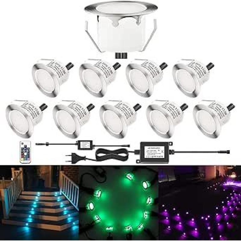 10 RGB RGB LED įleidžiami grindų žibintai lauke DC12 V skersmuo 45 mm LED įleidžiami prožektoriai, IP67 vandeniui atsparūs terasos įleidžiami žibintai lauke, skirti virtuvei, sodui, balkonui, balkonui, praėjimui, kiemui