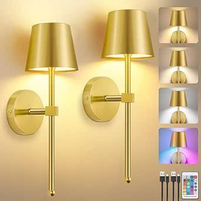 Sienų šviesos baterija vidaus pakuotėje 2 5200 mAh sieninė šviesa be maitinimo jungties su nuotolinio valdymo pulteliu RGB LED sieninis šviestuvas baterija reguliuojamas gyvenamasis kambarys miegamasis prieškambaris aukso spalvos