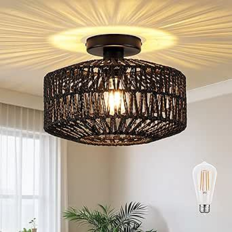 Rattan Deckenlampe 30cm - Boho Vintage Design für Wohnzimmer & Schlafzimmer - Inkl. E27 LED Birne - Gewebter Lampenschirm aus Naturmaterial - Einfache Montage