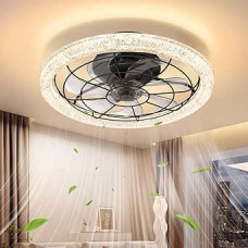 LED lubų ventiliatorius su apšvietimu, 49 cm lubų šviestuvas su ventiliatoriumi, apvalus krištolinis lubų ventiliatorius su apšvietimu, nuotolinio valdymo pultu ir programėlėmis, 3 spalvų temperatūros ir 6 greičių, skirtas miegamajam