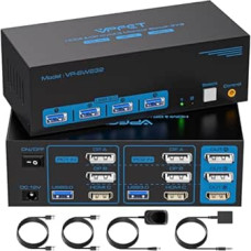 8K60Hz HDMI + Displayport KVM Switch 2 PC 3 Monitors USB 3.0 KVM Switch with 4 USB Ports for Two Computers Supports Extended & Copy Mode with Desktop Cable Controller and 2 USB Cables