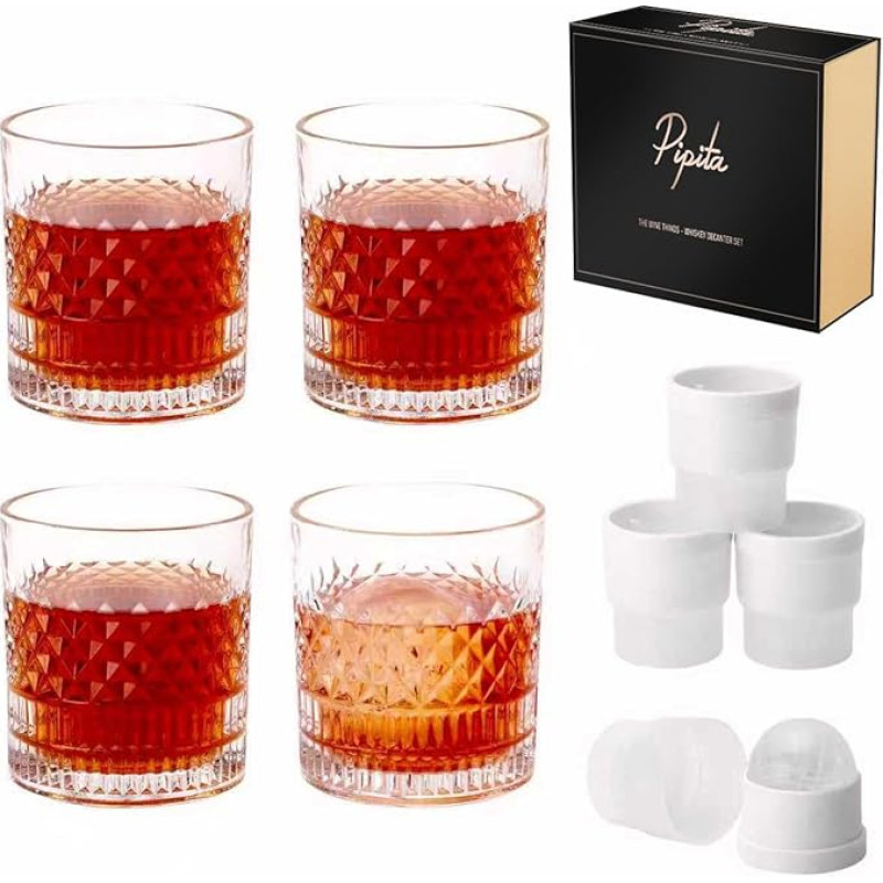 PIPITA Krištolo viskio stiklinių rinkinys su 4 ledo rutuliukų formelėmis ir prabangia dėžute, bešvinis viskio bokalas 