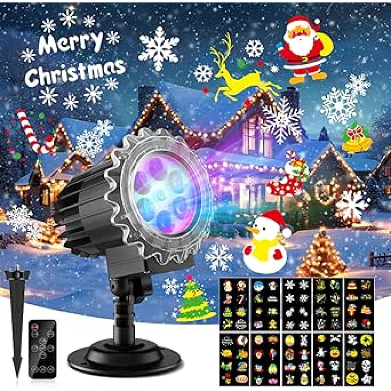 MATEPROX Kalėdų projektorius, IP65 vandeniui atsparus LED snaigių šviesos projektorius, snaigių šviesos projekcijos lempos, skirtos naudoti patalpose ir lauke, sode, vejoje, namuose, vakarėliuose, festivaliuose, dekoracijose