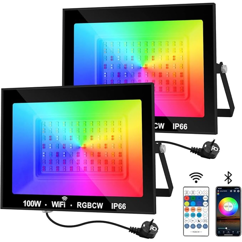LED lauko prožektorius, 100 W išmanusis RGB prožektorius su nuotolinio valdymo pulteliu, 