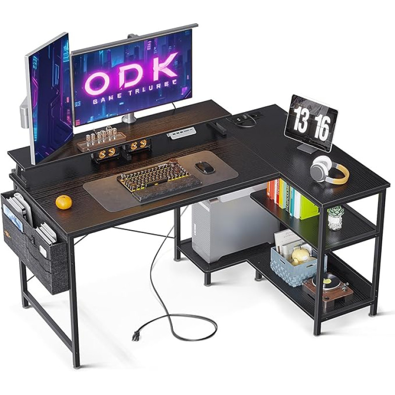 ODK L formos žaidimų stalas, 120 x 80 cm L formos stalas su lentyna, kampinis stalas su USB įkrovimo prievadu ir lizdu, kampinis stalas su monitoriaus stovu biurui, namų biurui, juodas