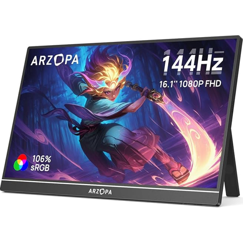 ARZOPA Z1FC 16,1 colio 144 Hz nešiojamasis monitorius su vienu stovu, 100 % sRGB 1920 x 1080P FHD HDR 144HZ žaidimų monitorius, itin plonas akių apsaugos išorinis antrasis ekranas nešiojamajam kompiuteriui/PC/Mac/PS3/4/5/Xbox