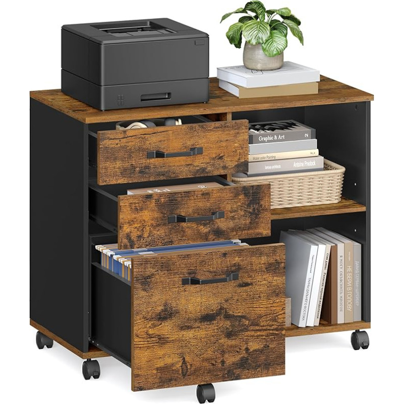 VASAGLE ritininė segtuvų spinta su 3 stalčiais ir ratukais, atviri skyriai A4 dokumentams, laiško dydžio, spausdintuvo stovas, pramoninis dizainas, senovinė ruda/juoda OFC041B01