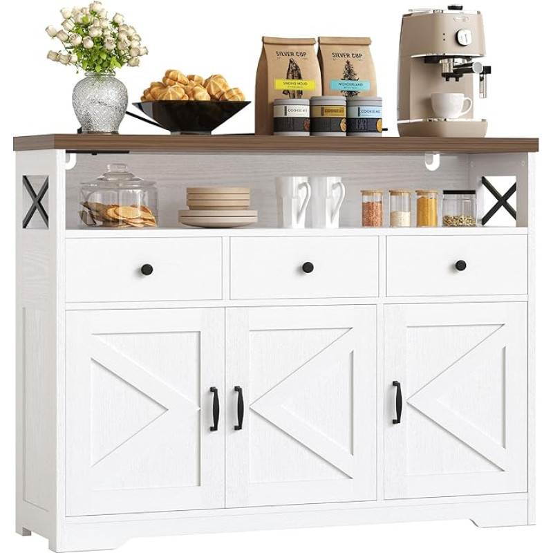 IRONCK Kitchen Cabinet Sideboard with Socket 2AC + 1USB + 1C, Storage Cabinet 3 Drawers 3 Doors, Kitchen Buffet Coffee Bar Cabinet for Living Room Dining Room, Adjustable Shelf 107 x 35 x 95 cm (White