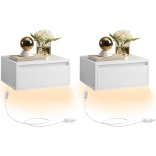 VASAGLE Bedside Table Hanging Set of 2, Light with 3 Colours, Floating Wall Shelf, Drawer, 35 x 40 x 18 cm, Modern, Living Room, Bedroom, Cloud White LET854W01