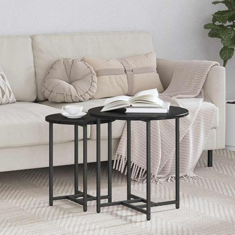 XHNIFBN Beistelltisch 2-teilig Schwarz Eiche-Optik 50x50x50 cm & 36x36x45 cm Metallrahmen Nesting Tables Industrie-Look Modernes Design für Wohnzimmer Schlafzimmer Flur