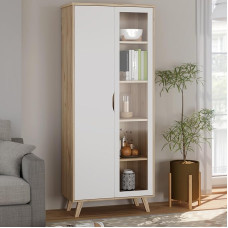 Forte VANKKA 85 Display Cabinet with 2 Doors (Including 1 Glass Door) and 2 Drawers, Wood Composite, Planked Oak Decor/White, 84.7 cm Wide, 201.5 cm High, 42 cm Deep