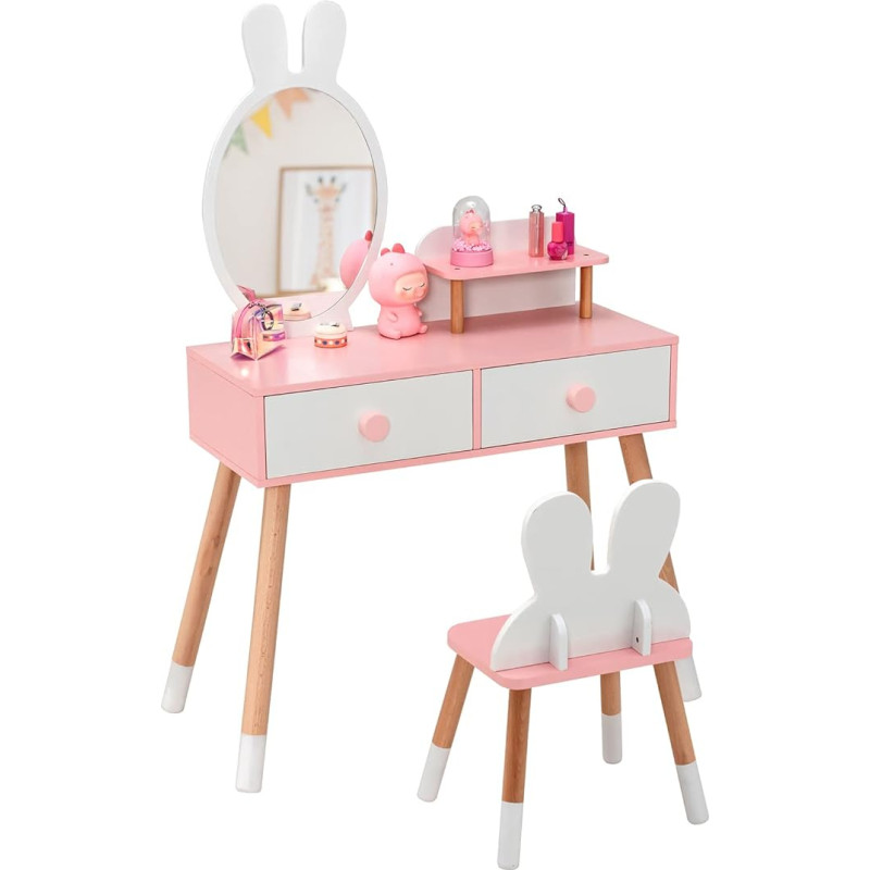DREAMADE 2-in-1 vaikiškas tualetinis staliukas su taburete ir nuimamu veidrodžiu, vaikiškas medinis makiažo staliukas, princesės tualetinis staliukas, kosmetikos staliukas su stalčiumi vaikams mergaitėms nuo 3 metų (baltas)