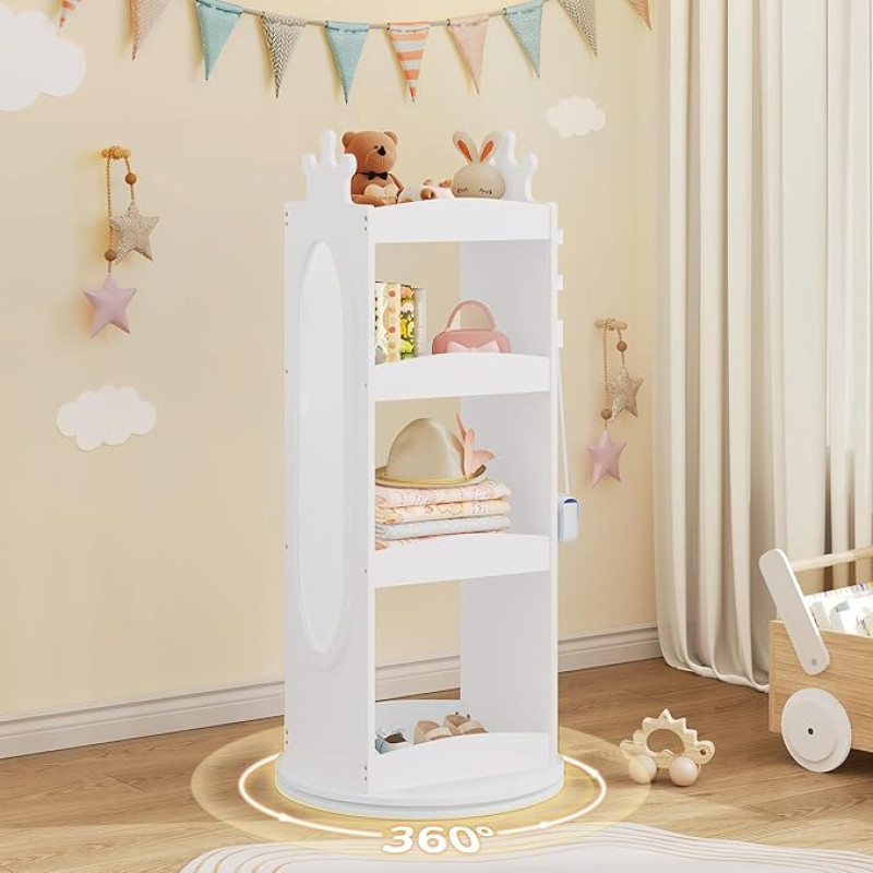 LUE BONA Vaikų kambario spinta balta su pasukamu pagrindu Miegamojo ir vaikų kambario spinta su veidrodžiu, maža, balta, modernaus dizaino 36 x 30 x 109 cm