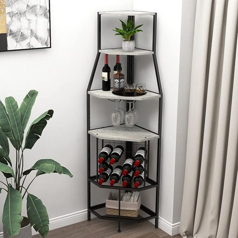 VEDECASA Kampinis vyno stovas Grindinis 5 pakopų kampinis baro stovas su stiklo laikikliu ir vyno saugykla Pramoninis vyno stovas Vyno baro spintelė Virtuvės baro rūsys Valgomasis kambarys Pilka
