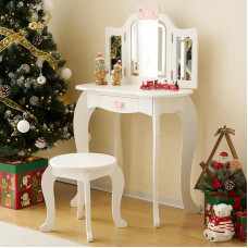LALAHO Children's Dressing Table with LED Light, Stool Dressing Table for Girls Dressing Table with Drawer for 4-9 Years (White-3)