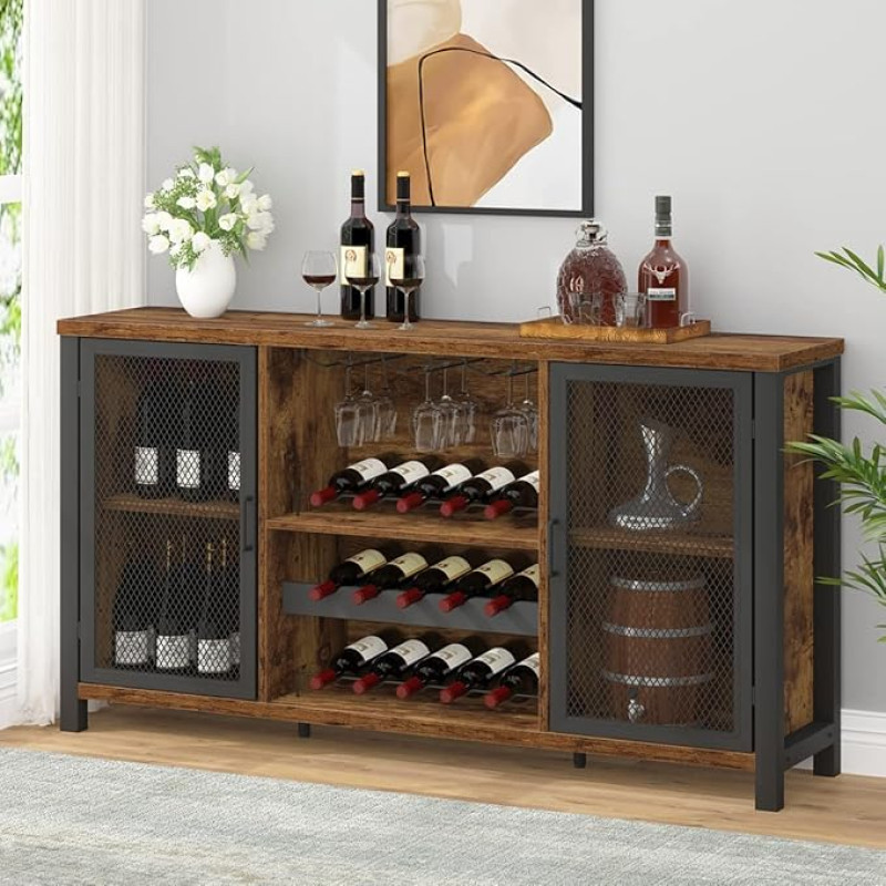 IBF kaimiškoji vyno baro spintelė, kavos baro spintelė alkoholiui ir taurėms, bufetas su laikymo lentyna, namų virtuvės valgomojo vyno spintelė, kaimiška ruda, 140 cm
