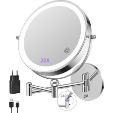 FUNTOUCH 5000 mAh Rechargeable Cosmetic Mirror with 1X/20X Magnification, Dimmable Shaving Mirror 3 Colours, Touchscreen LED Makeup Mirror, 360° Rotatable, 9 Inch Wall Mirror for Bathroom and Hotel
