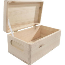 Medinė skrynia su dangčiu ir graviruotomis rankenomis, 21 x 12 x 9,5 cm | Užapvalinti kampai | Natūrali dekoratyvinė pušis, skirta dekupažui