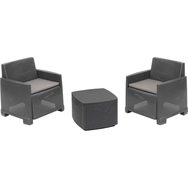 Dmora - Lauko svetainės komplektas Laigueglia Sodo komplektas su 2 foteliais ir 1 stalu rotango efekto su pagalvėlėmis 100 % pagamintas Italijoje Antracitas