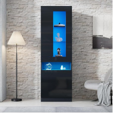 Merax LED-Vitrine Schwarz Hochglanz - Standvitrine Vitrinenschrank mit Glasböden, USB LED Licht, Stauraumvitrine, Sideboard, Bücherregal, Wohnzimmerschrank, Buffet-Schrank - 50x180x40 cm